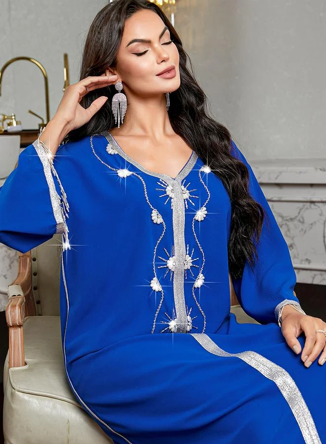 Take Two Take Two Embroidered V-Neck A-Line Jalabiya with Tassels Detail