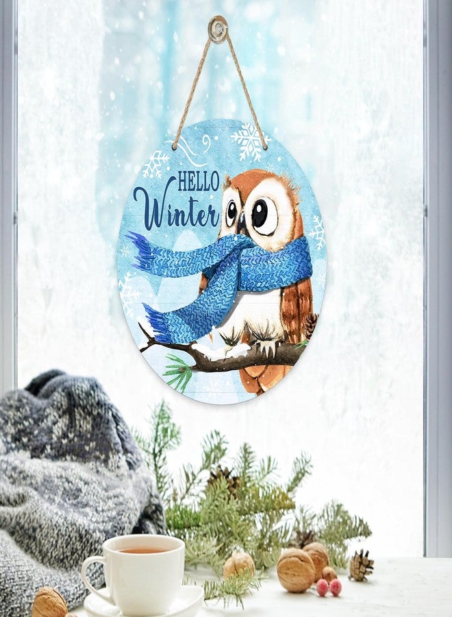 Deroro Hello Winter Owl Bird Blue Sign for Front Door Decor, Pine Branch Snowflakes Wood Door Hanger for Outdoor Outside Porch, Christmas Holiday Seasonal Wooden Wreath Indoor Wall Hanging Decoration - Image 5