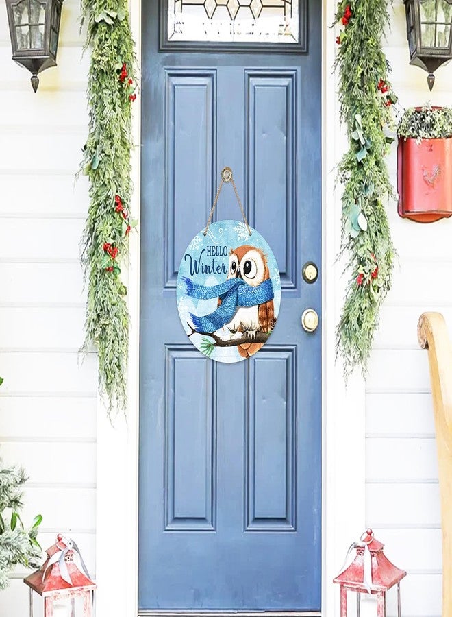 Deroro Hello Winter Owl Bird Blue Sign for Front Door Decor, Pine Branch Snowflakes Wood Door Hanger for Outdoor Outside Porch, Christmas Holiday Seasonal Wooden Wreath Indoor Wall Hanging Decoration - Image 4
