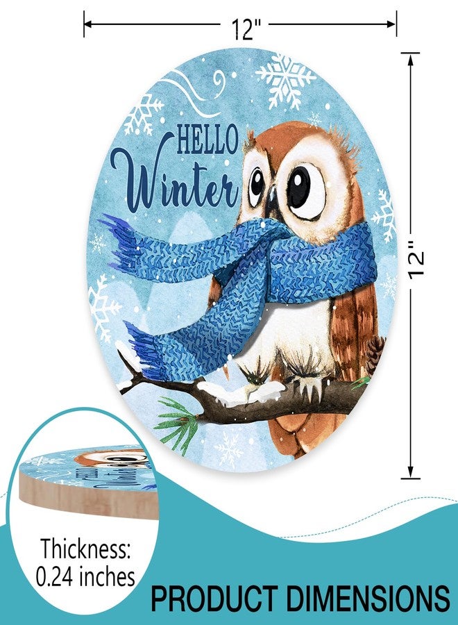 Deroro Hello Winter Owl Bird Blue Sign for Front Door Decor, Pine Branch Snowflakes Wood Door Hanger for Outdoor Outside Porch, Christmas Holiday Seasonal Wooden Wreath Indoor Wall Hanging Decoration - Image 2