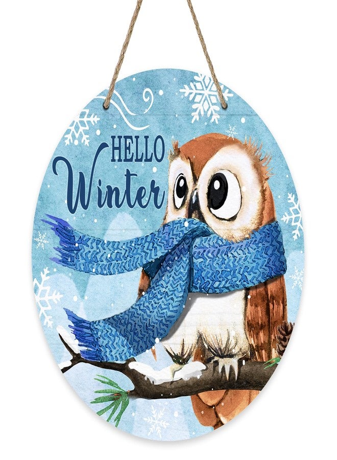 Deroro Hello Winter Owl Bird Blue Sign for Front Door Decor, Pine Branch Snowflakes Wood Door Hanger for Outdoor Outside Porch, Christmas Holiday Seasonal Wooden Wreath Indoor Wall Hanging Decoration - Image 1