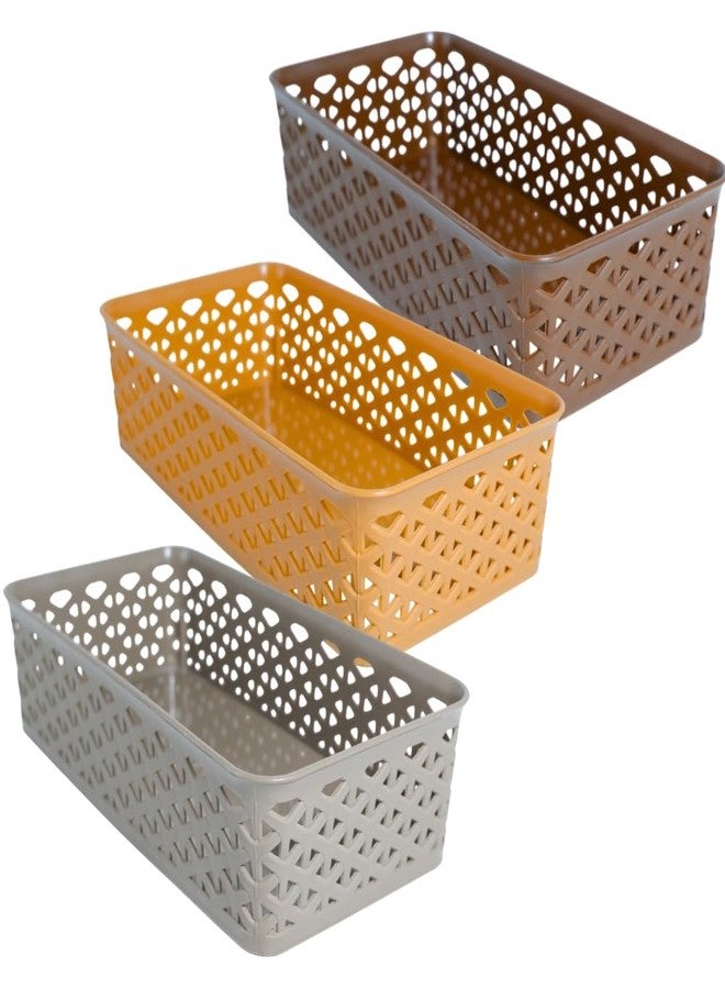 Simply Home Ellora -1 Multi-Purpose Plastic Storage Basket|Stackable Organizer Tokri For Home,Kitchen,Bathroom & Office|Ideal For Toys,Clothes,Cosmetics,Stationery|Set Of 3|Brown Camel Coffee - Image 1