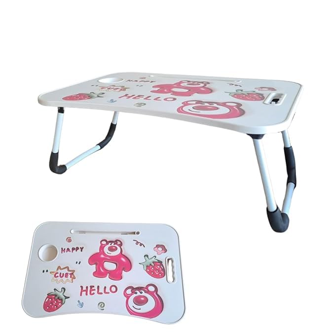 Strawberry Bear Folding Table, Portable Kids Desk for Bed and Floor, Multi-Use with Cup Holder and Tablet Slot, Perfect for Homework, Drawing, Eating - Image 1