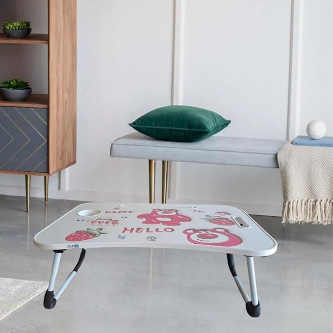Strawberry Bear Folding Table, Portable Kids Desk for Bed and Floor, Multi-Use with Cup Holder and Tablet Slot, Perfect for Homework, Drawing, Eating - Image 2