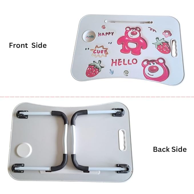 Strawberry Bear Folding Table, Portable Kids Desk for Bed and Floor, Multi-Use with Cup Holder and Tablet Slot, Perfect for Homework, Drawing, Eating - Image 5