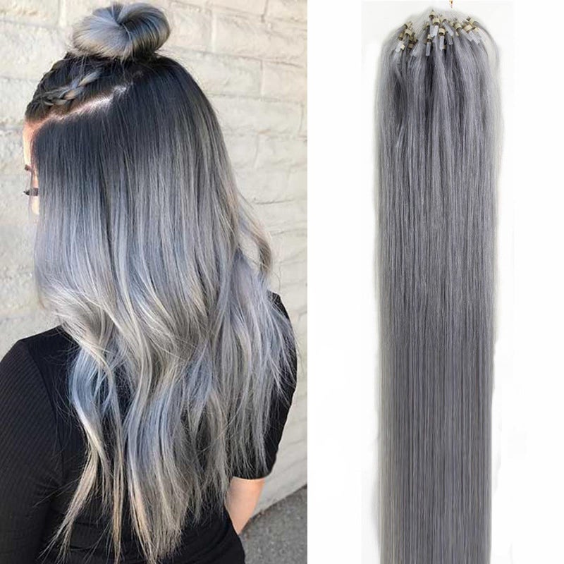 Yotty Micro Ring Human Hair Extensions Silver Gray Micro Beads Loop Link Remy Human Hair Straight 12A 18inch 100strands 50gr