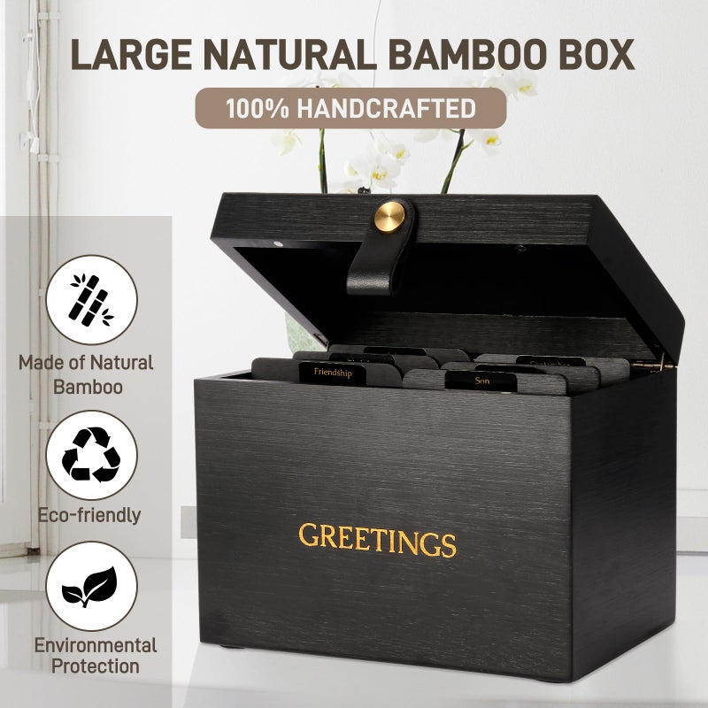 Intarsio Large Bamboo Greeting Card Organizer Box with 6 Removable Dividers, Real Leather Handle, 100% Handmade Solid Bamboo, Storage Box for Christmas, Valentine, & Birthday Cards, Postcards, Stationery& More - Image 3