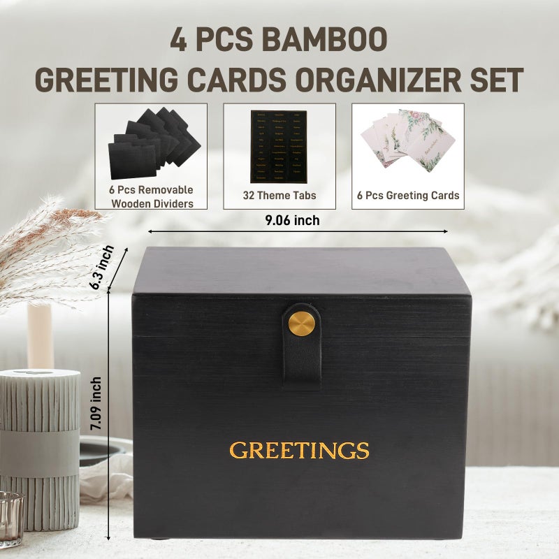 Intarsio Large Bamboo Greeting Card Organizer Box with 6 Removable Dividers, Real Leather Handle, 100% Handmade Solid Bamboo, Storage Box for Christmas, Valentine, & Birthday Cards, Postcards, Stationery& More - Image 2
