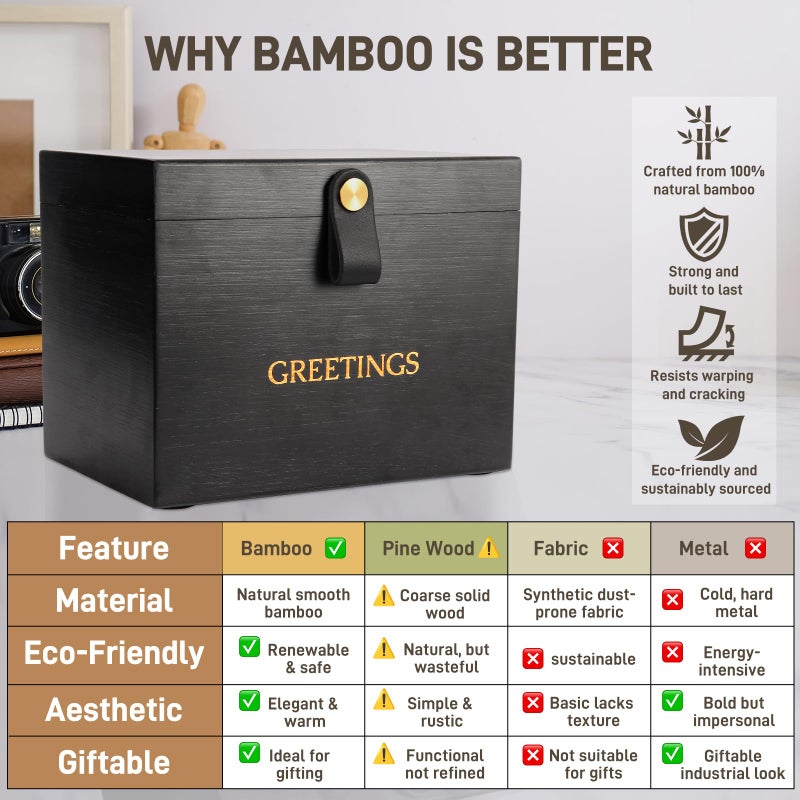 Intarsio Large Bamboo Greeting Card Organizer Box with 6 Removable Dividers, Real Leather Handle, 100% Handmade Solid Bamboo, Storage Box for Christmas, Valentine, & Birthday Cards, Postcards, Stationery& More - Image 4