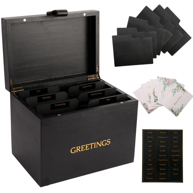 Intarsio Large Bamboo Greeting Card Organizer Box with 6 Removable Dividers, Real Leather Handle, 100% Handmade Solid Bamboo, Storage Box for Christmas, Valentine, & Birthday Cards, Postcards, Stationery& More - Image 1