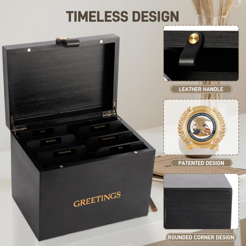 Intarsio Large Bamboo Greeting Card Organizer Box with 6 Removable Dividers, Real Leather Handle, 100% Handmade Solid Bamboo, Storage Box for Christmas, Valentine, & Birthday Cards, Postcards, Stationery& More - Image 5