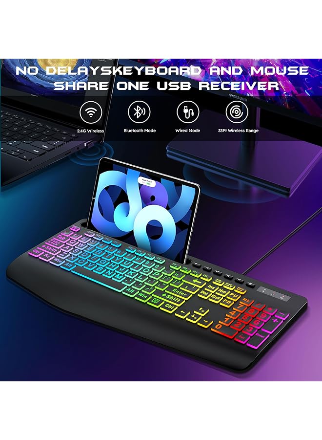 Wireless Keyboard And Mouse Combo Membrane Silent Gaming Keyboard With Mechanical Feeling Full Size Bluetooth/2.4Ghz/Wired Keyboard Rgb Backlit Ergonomic Wrist Rest For Pc/Computer/Mac/Ps5 - Image 3