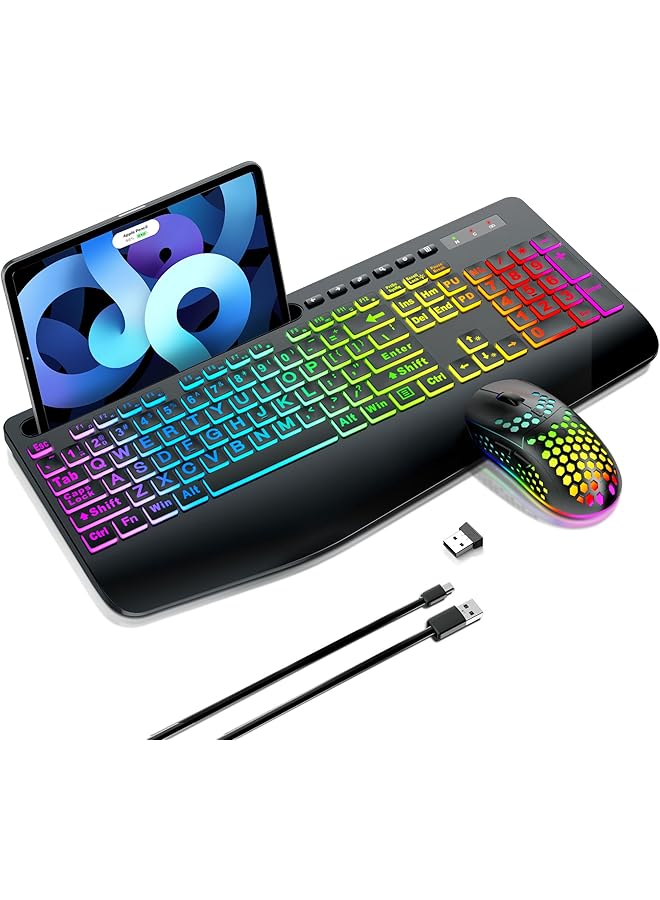 Wireless Keyboard And Mouse Combo Membrane Silent Gaming Keyboard With Mechanical Feeling Full Size Bluetooth/2.4Ghz/Wired Keyboard Rgb Backlit Ergonomic Wrist Rest For Pc/Computer/Mac/Ps5 - Image 1
