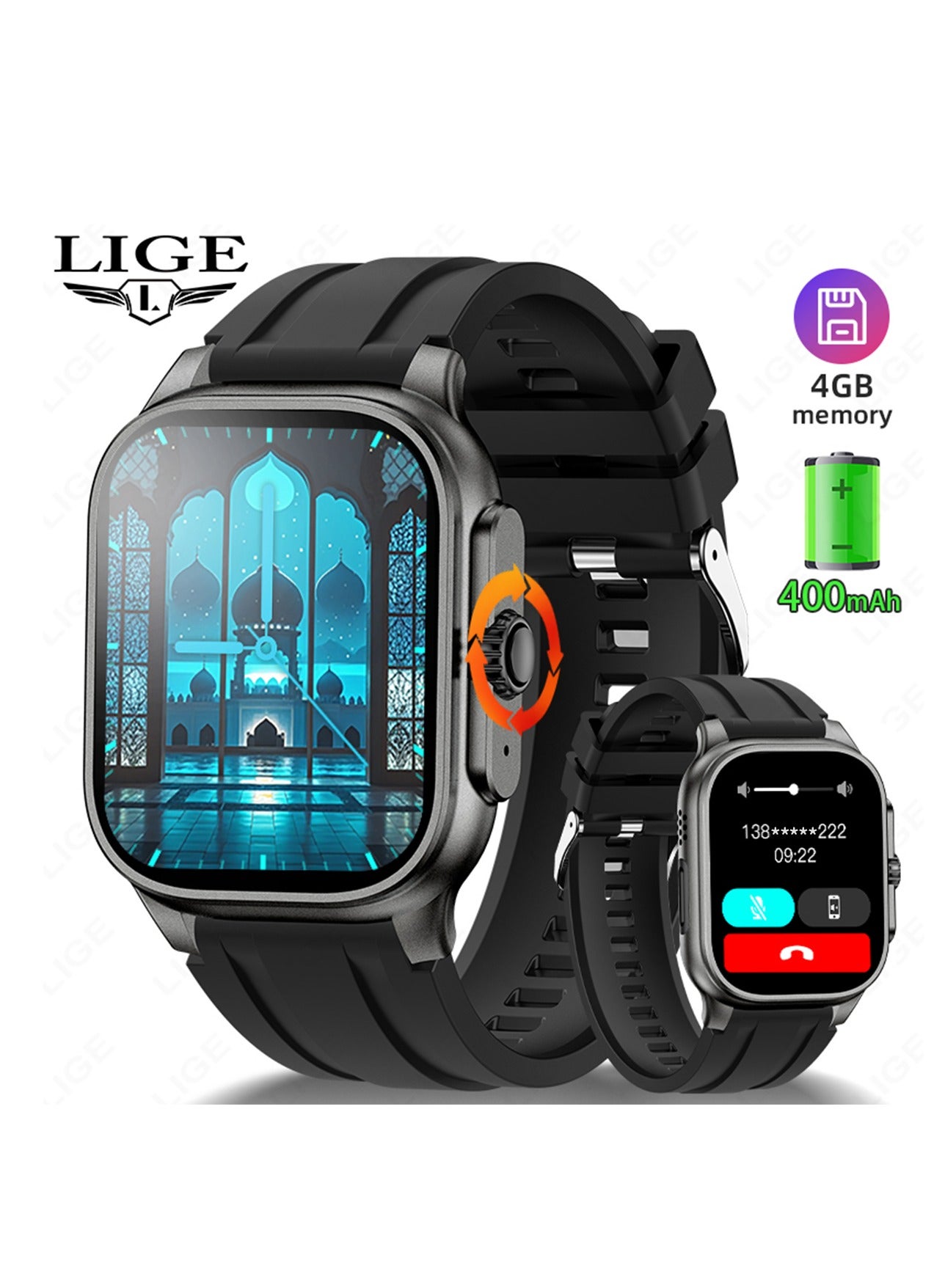 LIGE Muslims Smart Watch with Qibla Pointer Voice Prayer Including 114 Chapters of Quranic Verses 2.01 Inch HD Display 400mAh Sports health Monitoring Bluetooth Call Waterproof Smart watches for Men Women