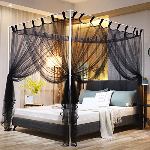 Mengersi Simple 4 Corner Post Canopy Bed Curtains Quick Easy Installation with Buttons,Black Decor for Dedroom (Queen, Black) - Image 1