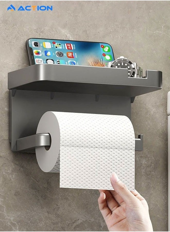 ACTION - Toilet Paper Holder with Phone Shelf, Self Adhesive or Screw Wall Mount Toilet Tissue Roll Holder, Multifunctional Bathroom Washroom Tissue Roll Holder with Shelf, Toilet Paper Roll Dispenser- Black - Image 1
