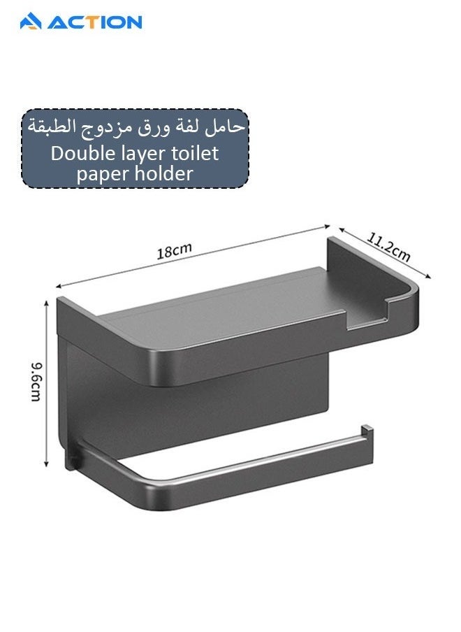 ACTION - Toilet Paper Holder with Phone Shelf, Self Adhesive or Screw Wall Mount Toilet Tissue Roll Holder, Multifunctional Bathroom Washroom Tissue Roll Holder with Shelf, Toilet Paper Roll Dispenser- Black - Image 1
