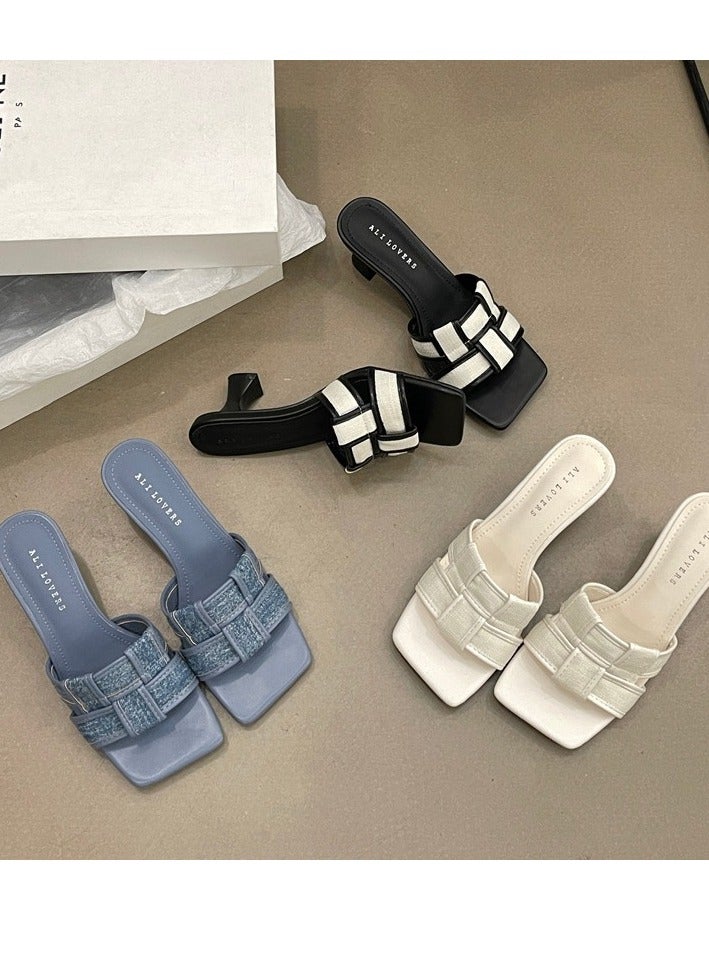 Summer New Versatile And Stylish Korean Style Square Headed Checkered Sandals For Women  - Image 2