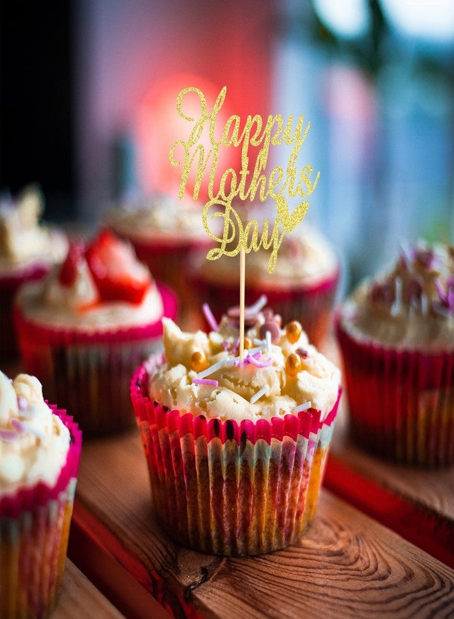 Arthsdite 24pcs Happy Mothers Day Cupcake Toppers Mom Cupcake Picks Love Mum Cake Decoration Party Supplies for Mother's Day Party Decorations Supply- Gold Glitter - Image 4