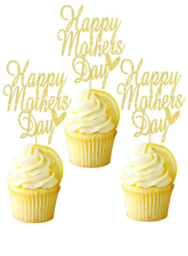Arthsdite 24pcs Happy Mothers Day Cupcake Toppers Mom Cupcake Picks Love Mum Cake Decoration Party Supplies for Mother's Day Party Decorations Supply- Gold Glitter - Image 1