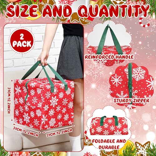 Kajaia 2 Pcs Christmas Ornament Storage 12 x 12 x 12 Inch Snowflake Holiday Accessories Bag Christmas Storage Containers Tear Proof Xmas Ornament Organizer with Handles Full Length Zipper Red - Image 3