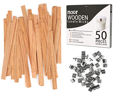 NOOR 50 Wooden Wicks for Candle Making - Double Layer Crackling Wood Wicks with Metal Clips - Smokeless, Eco-Friendly, Ideal for Soy Wax & DIY Candle Projects - Image 1