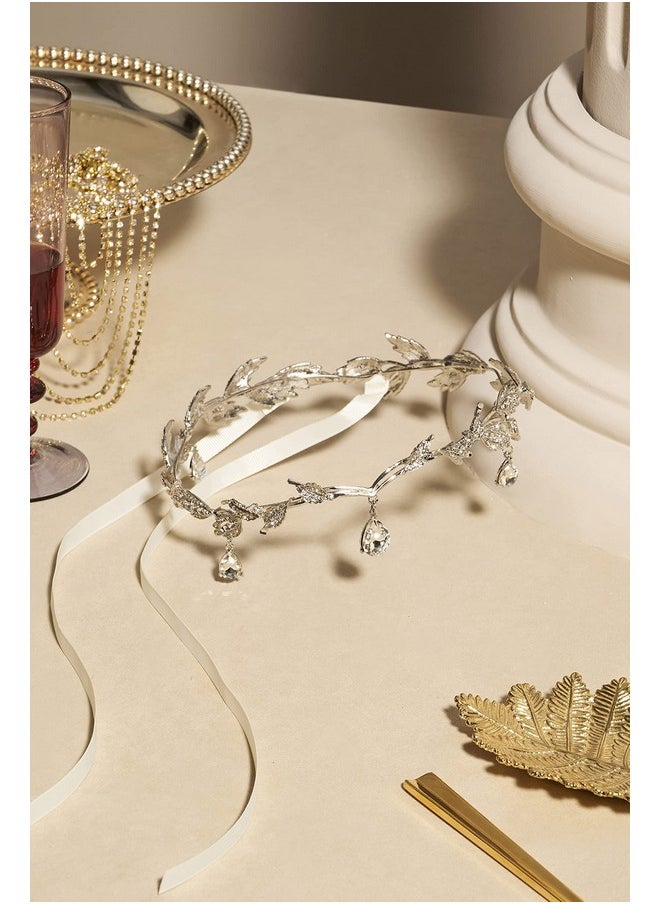 BABEYOND Elegant Rhinestone Leaf Wedding Bridal Bridesmaid Forehead Band Dangle Rhinestone Bridal Tiara Crown With Gift Box Silver One Size  - Image 3