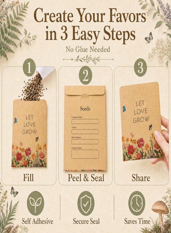 Rilcn 50 Pack Let Love Grow Seed Packet Envelopes, Empty Wildflower Wedding Favors for Guests, Self Adhesive Kraft Favor Bags for Bridal Shower Baby Shower Party Decorations - Image 4