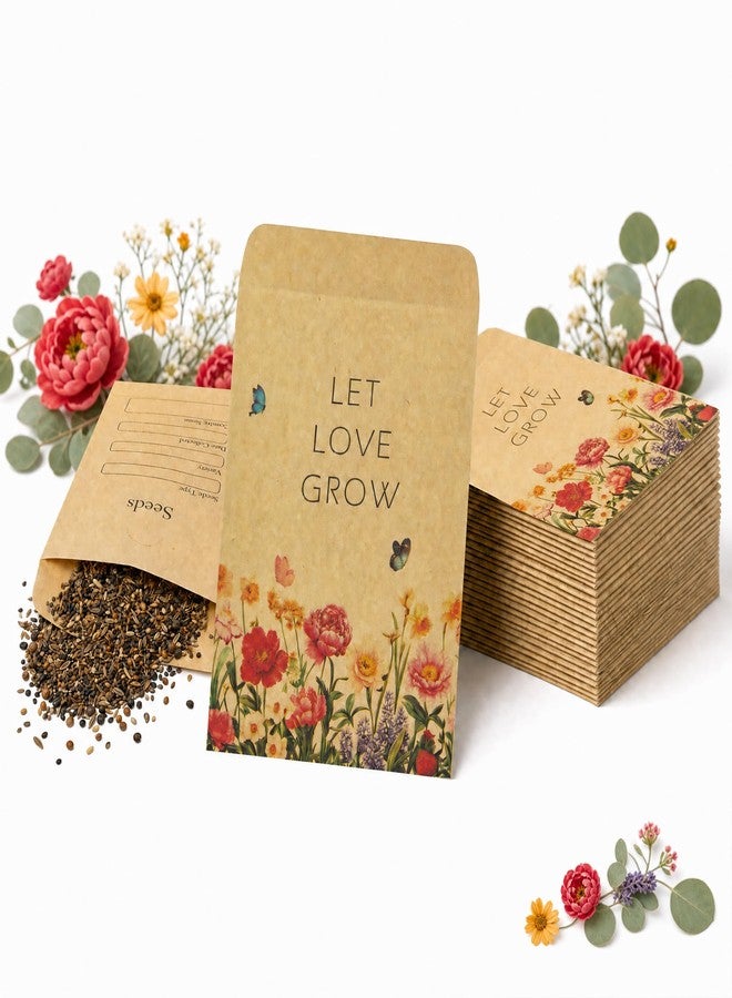 Rilcn 50 Pack Let Love Grow Seed Packet Envelopes, Empty Wildflower Wedding Favors for Guests, Self Adhesive Kraft Favor Bags for Bridal Shower Baby Shower Party Decorations - Image 1