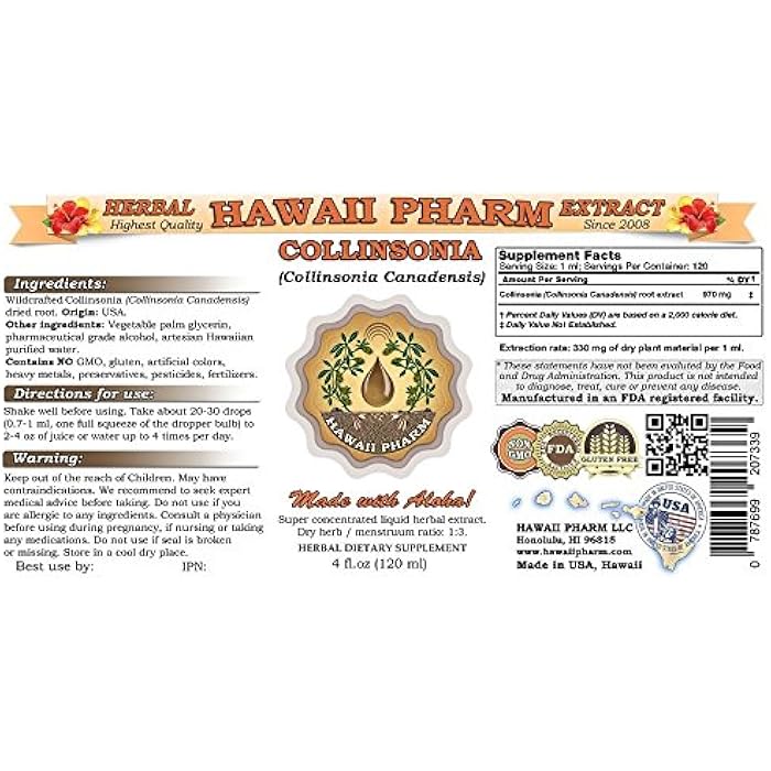 Hawaii Pharm هاواي فارم كولينسونيا ليكويد إكستراكت، كولينسونيا (كولينسونيا كندينسيس) رووت باودر تينكتشر سابليمنت 4x4 oz - Image 2
