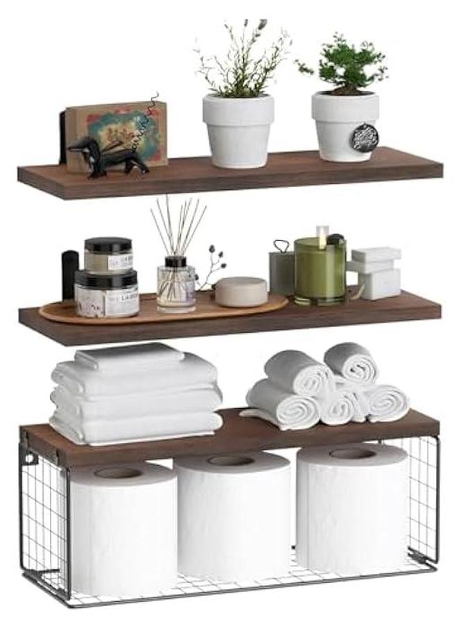 MIXDE Bathroom Shelves Over Toilet with Storage Basket, Floating Bathroom Wall Shelves for Home Organization & Wall Decor, Bathroom/Kitchen/Living Room Shelves,Natural Wood (Carbonized Brown) - Image 1