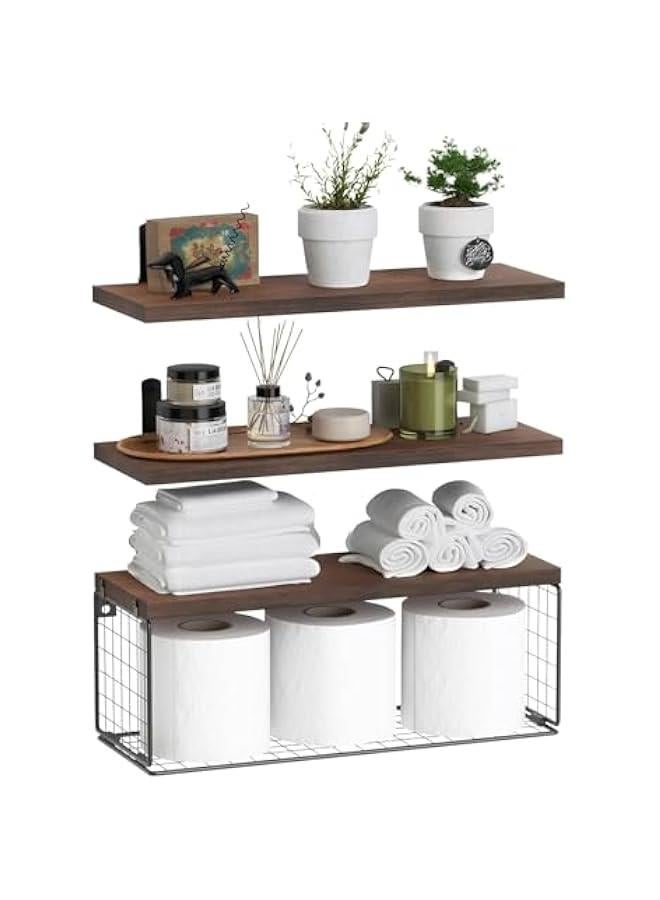 MIXDE Bathroom Shelves Over Toilet with Storage Basket, Floating Bathroom Wall Shelves for Home Organization & Wall Decor, Bathroom/Kitchen/Living Room Shelves,Natural Wood (Carbonized Brown)  - Image 1