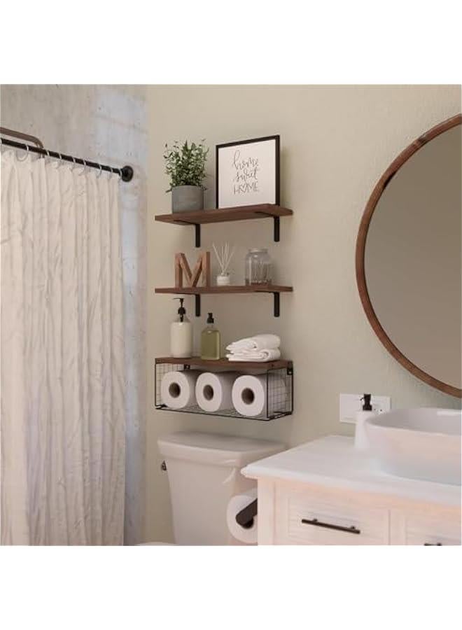 MIXDE Bathroom Shelves Over Toilet with Storage Basket, Floating Bathroom Wall Shelves for Home Organization & Wall Decor, Bathroom/Kitchen/Living Room Shelves,Natural Wood (Carbonized Brown)  - Image 2