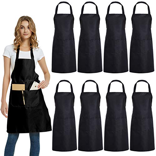 DUSKCOVE 8 Pack Bib Aprons Bulk - Unisex Black Commercial Apron with 2 Pockets for Kitchen Crafting BBQ Drawing Cooking - Image 1