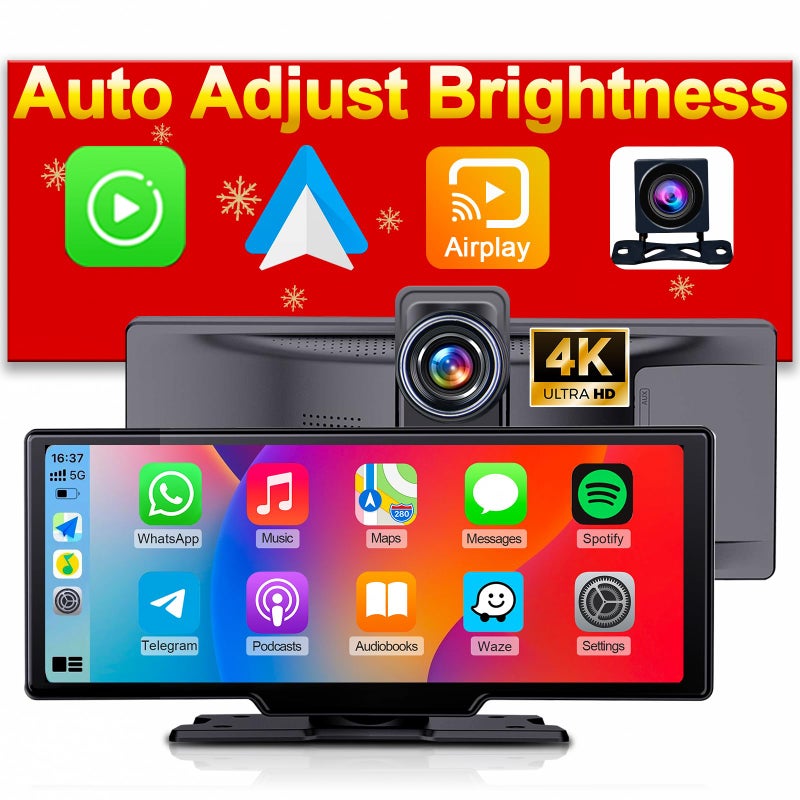 Luzeterna Portable 9.3-inch Wireless Apple CarPlay Screen for Car with Auto Brightness, 4K Dash Cam & Backup Camera, Bluetooth Car Stereo with Android Auto, Touchscreen CarPlay Box,GPS Navigation - Image 1