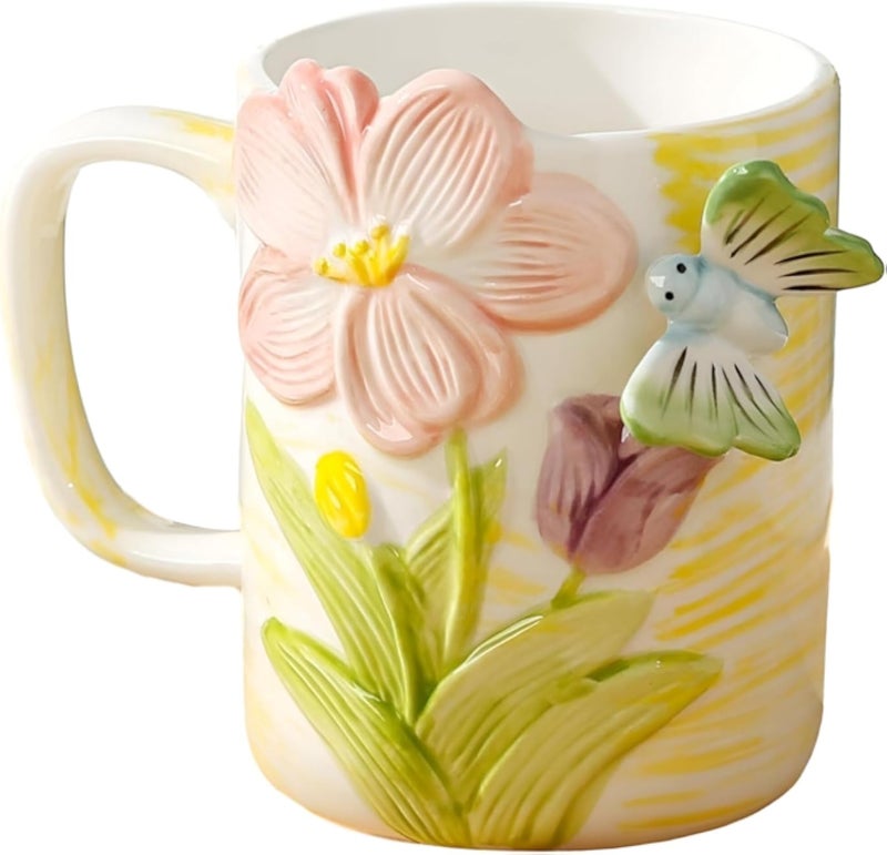 Mug - Hand painted ceramic flower cup with 13.5oz capacity, creative home design in calming green relief pattern, perfect for cozy tea moments or elegant coffee drinks