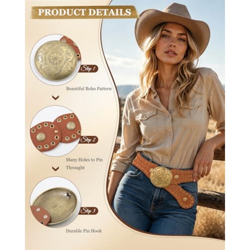 AWAYTR Wide Western Belts for Women - Cowgirl Belt with Vintage Concho Buckle Boho Country Belt for Dress Jeans Festival - Image 2