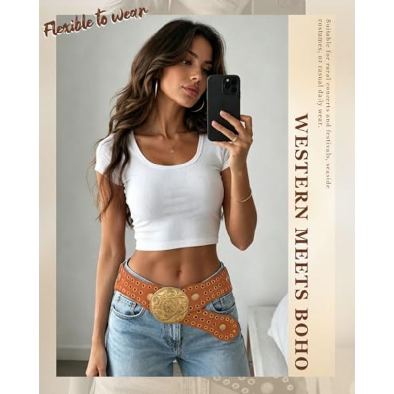 AWAYTR Wide Western Belts for Women - Cowgirl Belt with Vintage Concho Buckle Boho Country Belt for Dress Jeans Festival - Image 4