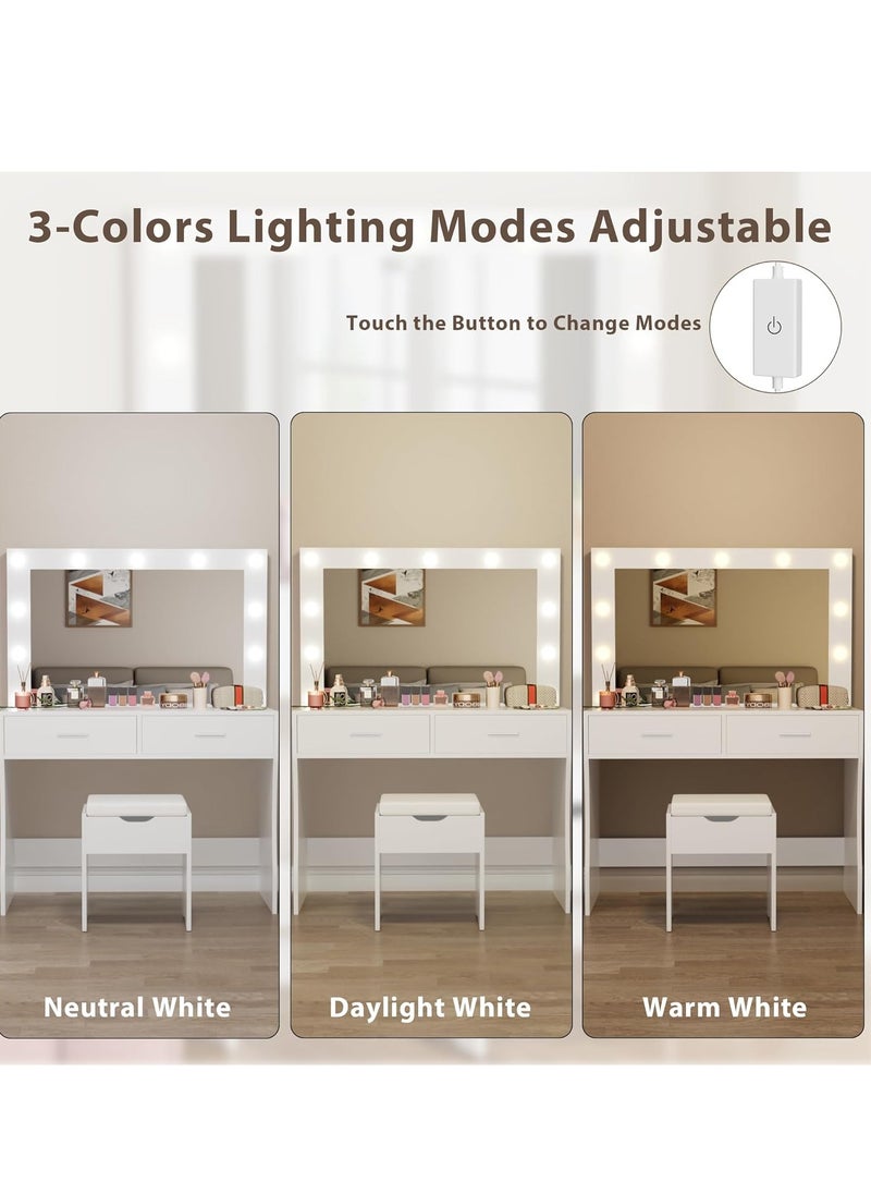 Sharpdo - Big Lighting Mirror Dressing Table with 2 Drawer, Bedroom Vanity Table 3 Lighting Modes and Adjustable Brightness 90*40*134CM (no chair) - Image 1
