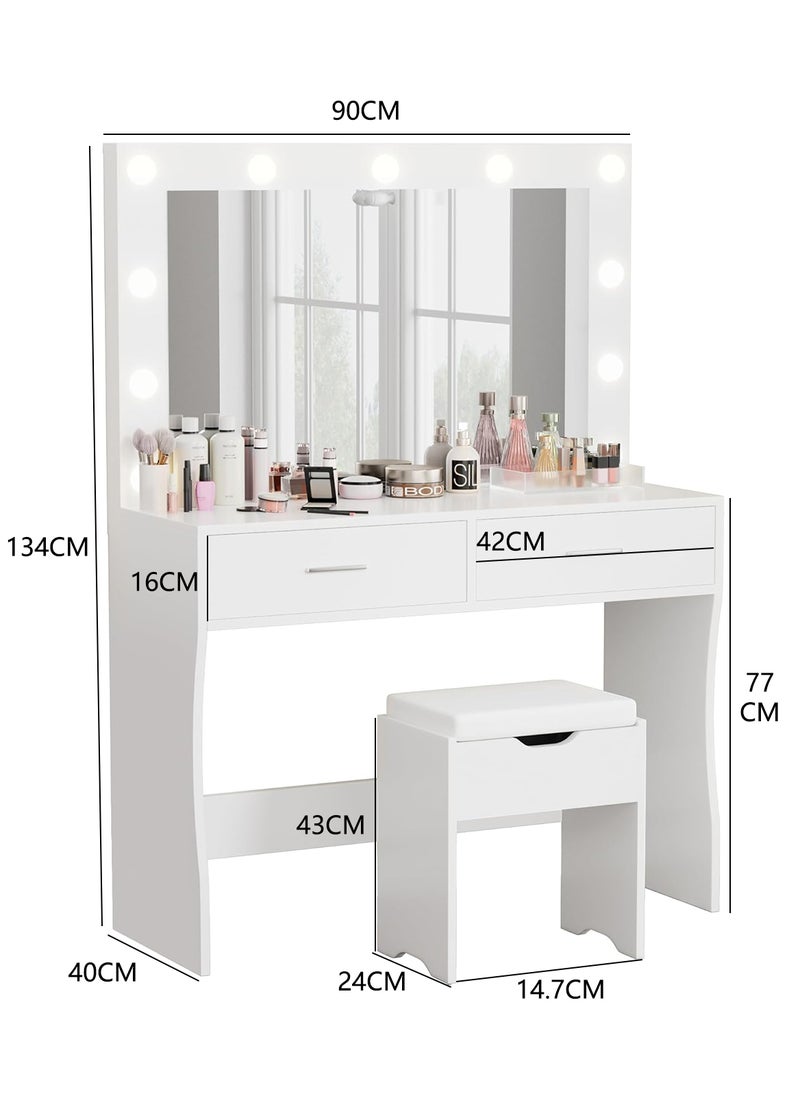 Sharpdo - Big Lighting Mirror Dressing Table with 2 Drawer, Bedroom Vanity Table 3 Lighting Modes and Adjustable Brightness 90*40*134CM (no chair) - Image 1