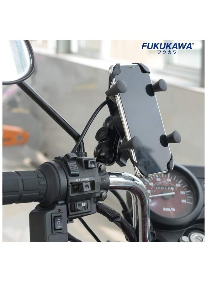 Fukukawa حامل هاتف للدراجات النارية من FUKUKAWA مع شاحن USB، حامل مقود قابل للدوران 360°، حامل هاتف X-Grip للدراجات والسكوترات - Image 3