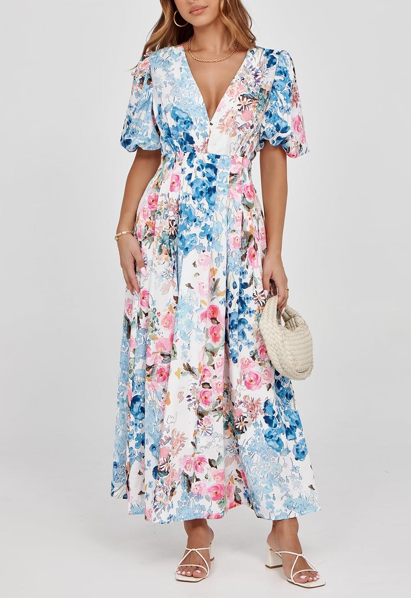 Maxigerui Women's Floral Maxi Dress Summer Fall Wedding Guest Dress Pink Blue Multi Floral XL - Image 3