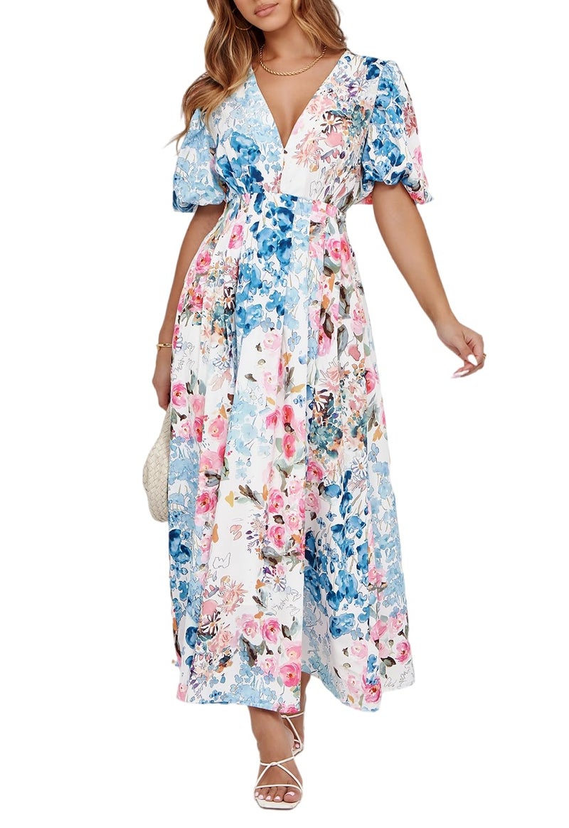 Maxigerui Women's Floral Maxi Dress Summer Fall Wedding Guest Dress Pink Blue Multi Floral XL - Image 1