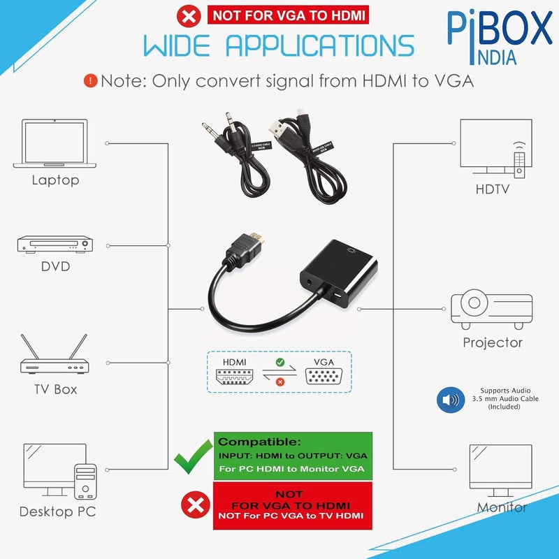 pibox India HDMI to VGA with Audio and power, Gold-Plated Male to Female VGA for Computer, Desktop, Laptop, PC, Monitor, Projector, HDTV, Raspberry Pi, Media Players, Xbox Black [NOT for VGA to HDMI] (Model Number: PI-633BAP) - Image 2