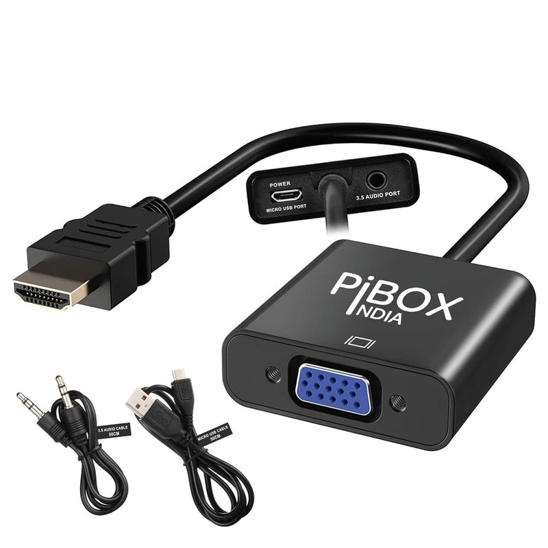 pibox India HDMI to VGA with Audio and power, Gold-Plated Male to Female VGA for Computer, Desktop, Laptop, PC, Monitor, Projector, HDTV, Raspberry Pi, Media Players, Xbox Black [NOT for VGA to HDMI] (Model Number: PI-633BAP) - Image 1