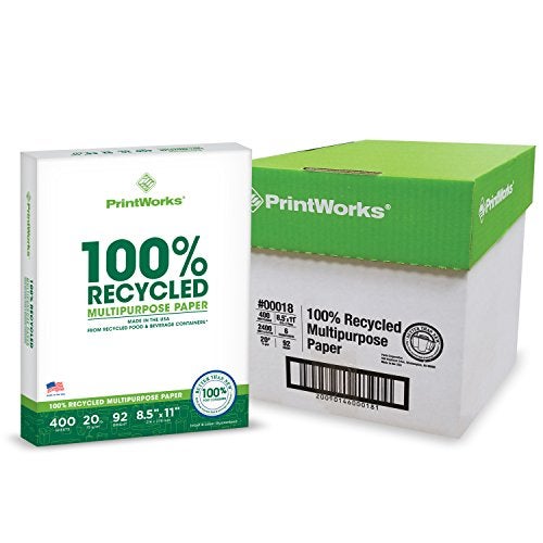 PrintWorks 100% Recycled Printer Paper 8.5" x 11" White - 20 lb Copy & Multipurpose Computer Paper - 6 Packs, 2400 Sheets - Made in the USA - 92 Bright - Printer & Copier Compatible (00018C) - Image 1
