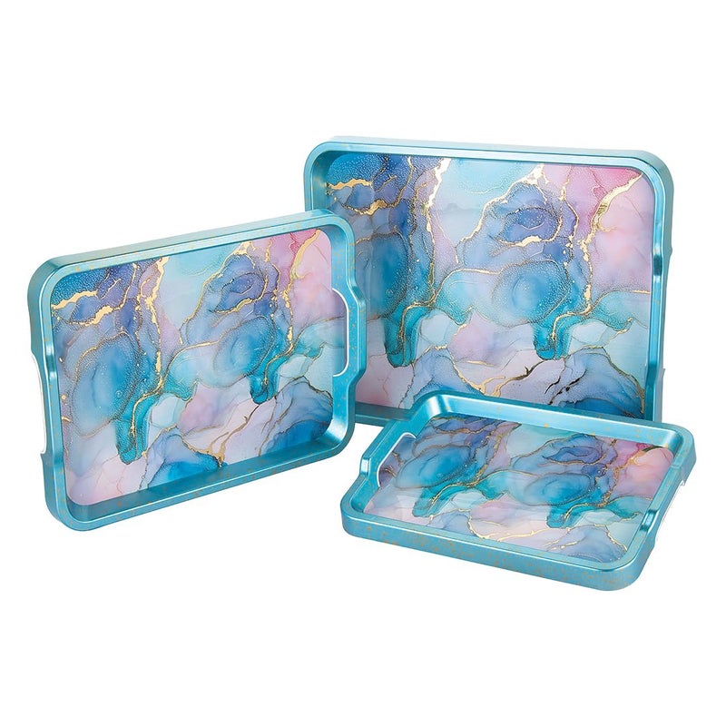 WARMEO Royal Wooden Serving Tray Set |Multipurpose Decorative Trays|Premium MDF Resin Tray l Rectangular | Set of 3| Serene Ocean - Image 3