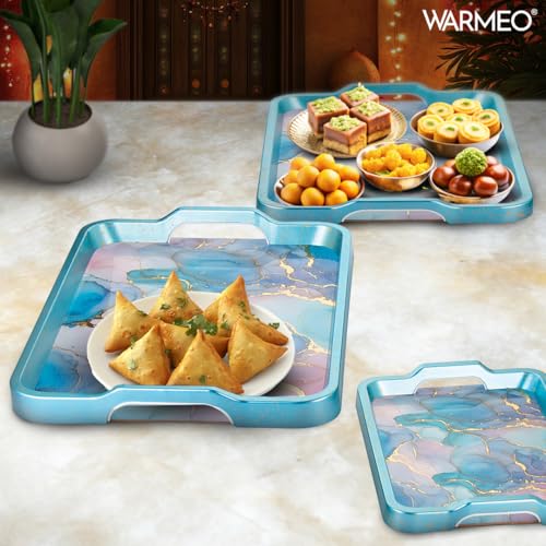 WARMEO Royal Wooden Serving Tray Set |Multipurpose Decorative Trays|Premium MDF Resin Tray l Rectangular | Set of 3| Serene Ocean - Image 2