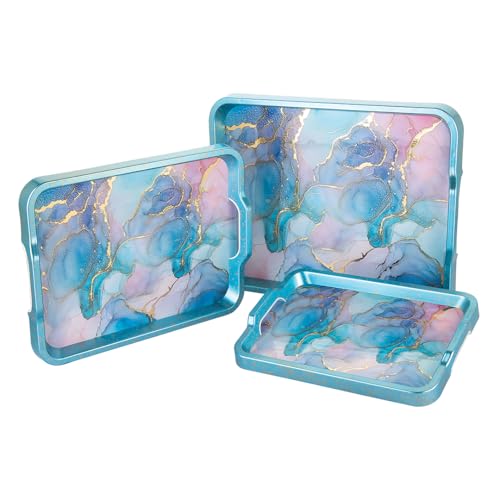 WARMEO Royal Wooden Serving Tray Set |Multipurpose Decorative Trays|Premium MDF Resin Tray l Rectangular | Set of 3| Serene Ocean - Image 1