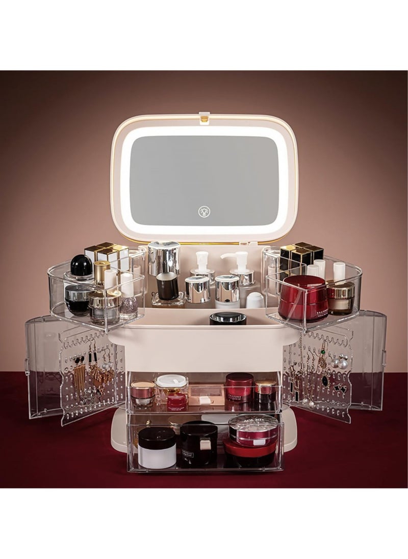 AUTOYSUR Makeup Organizer with LED Mirror Skin Care Organizer with Jewelry Holder Dustproof & Waterproof Portable Hand Strap Skincare Organizer for Bathroom Bedroom Countertop or Vanity(White)  - Image 2